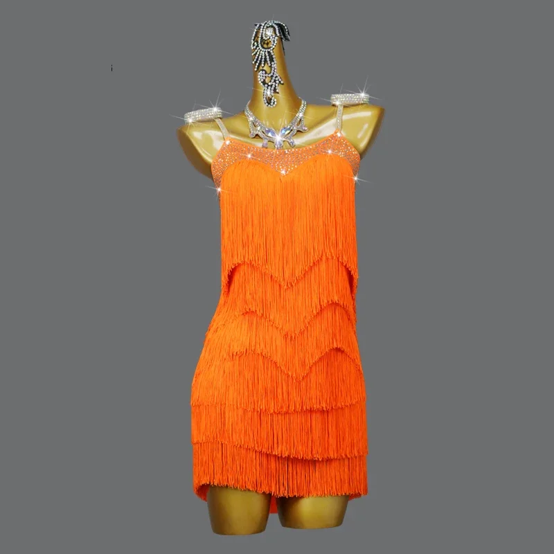 Vestido de baile latino naranja con borlas para mujer, ropa de práctica de salón de baile sexual, falda de escenario, ropa de noche, disfraz de actuación para mujer, novedad de 2024