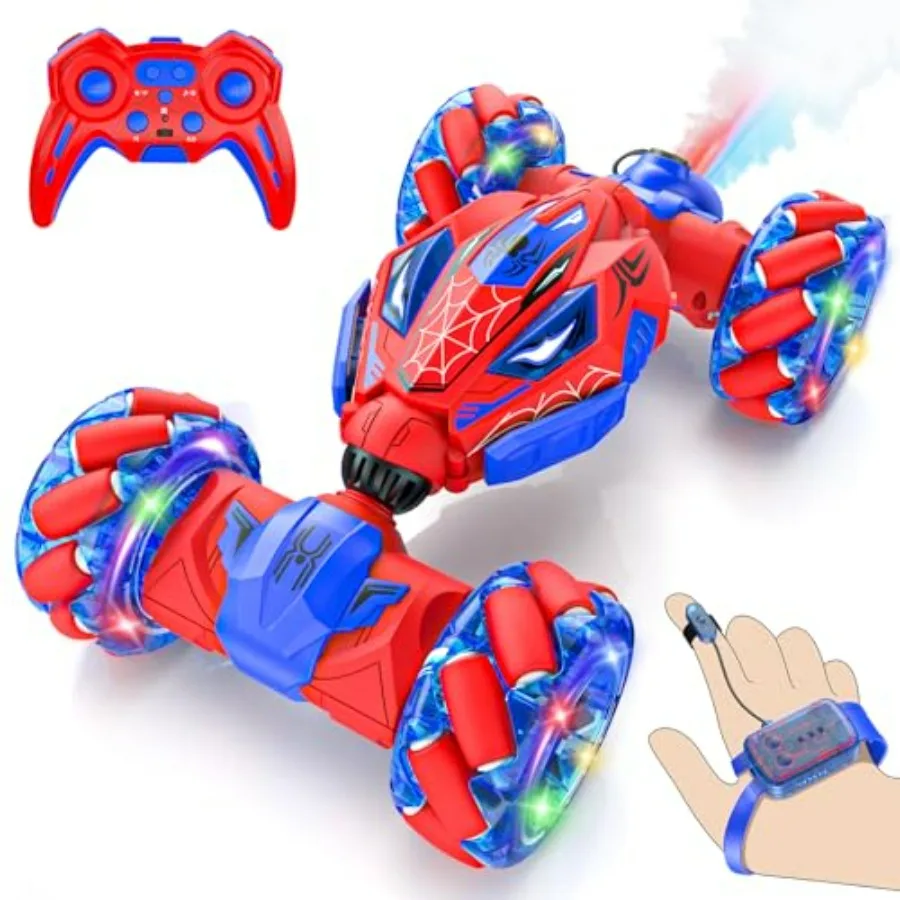 

Outdoor 4WD RC Stunt Car with 360 Rotation Gesture Control LED Lights Music Spray Effects Durable Plastic Body Red and Black De