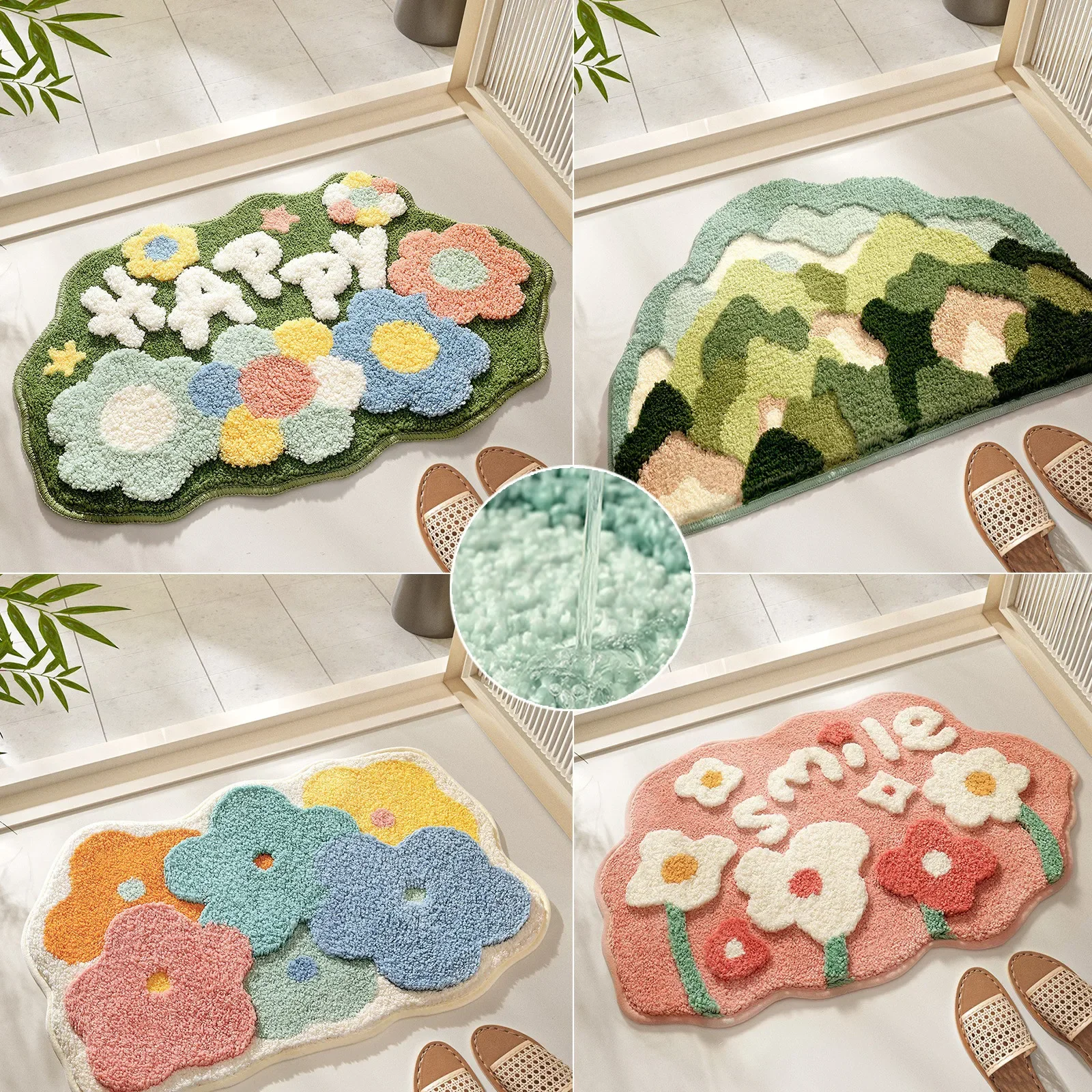 1pc Flower Shaped Cute Bathroom floor mat，Premium Soft and Comfortable Bathtub Rug,Machine Washable Flocking Vanity Mat 욕실 바닥 깔개
