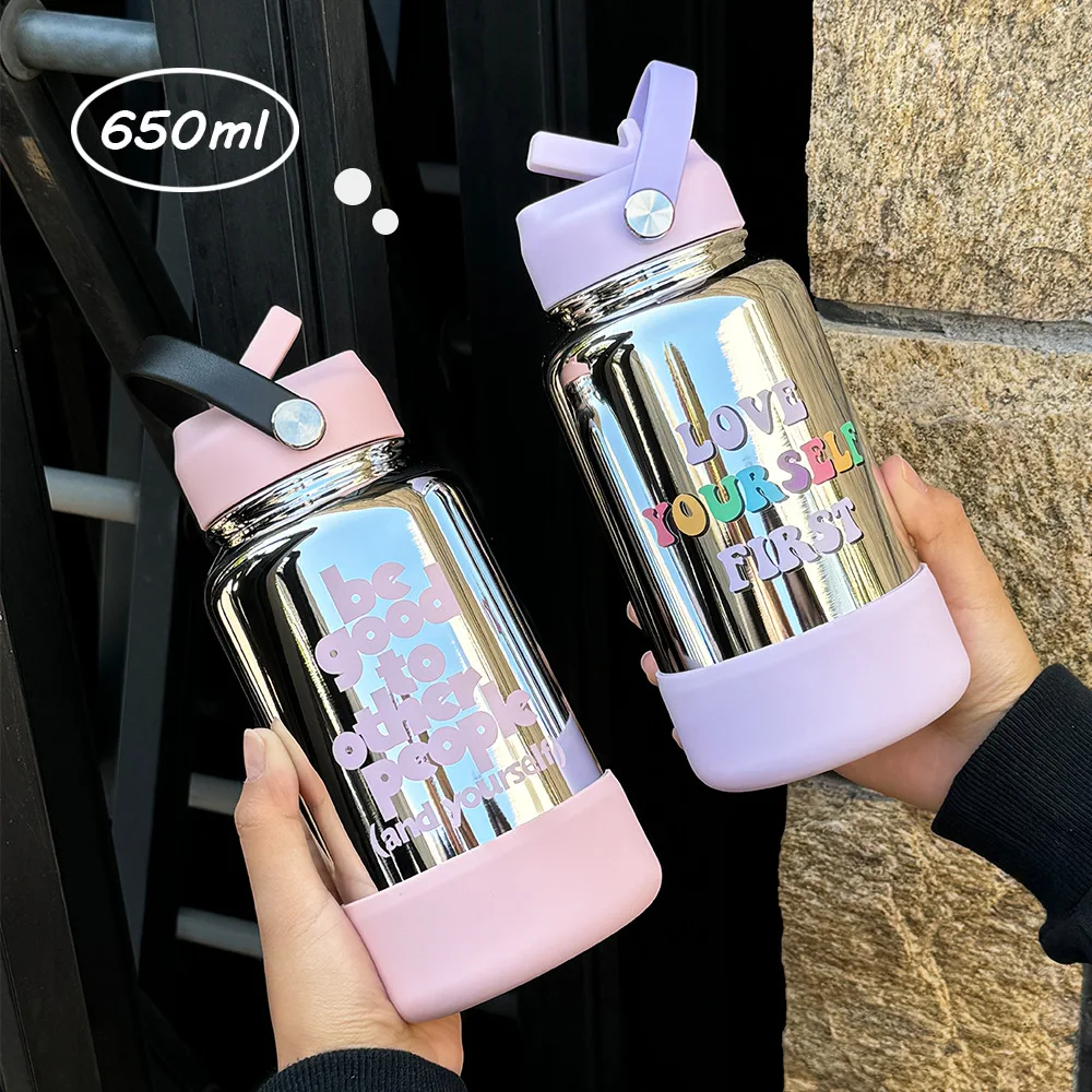 650ml Thermos Cup With Straw And Handle,Double Layer Stainless Steel Vacuum Flasks,Electroplated Drinkware,Sports Water Bottle