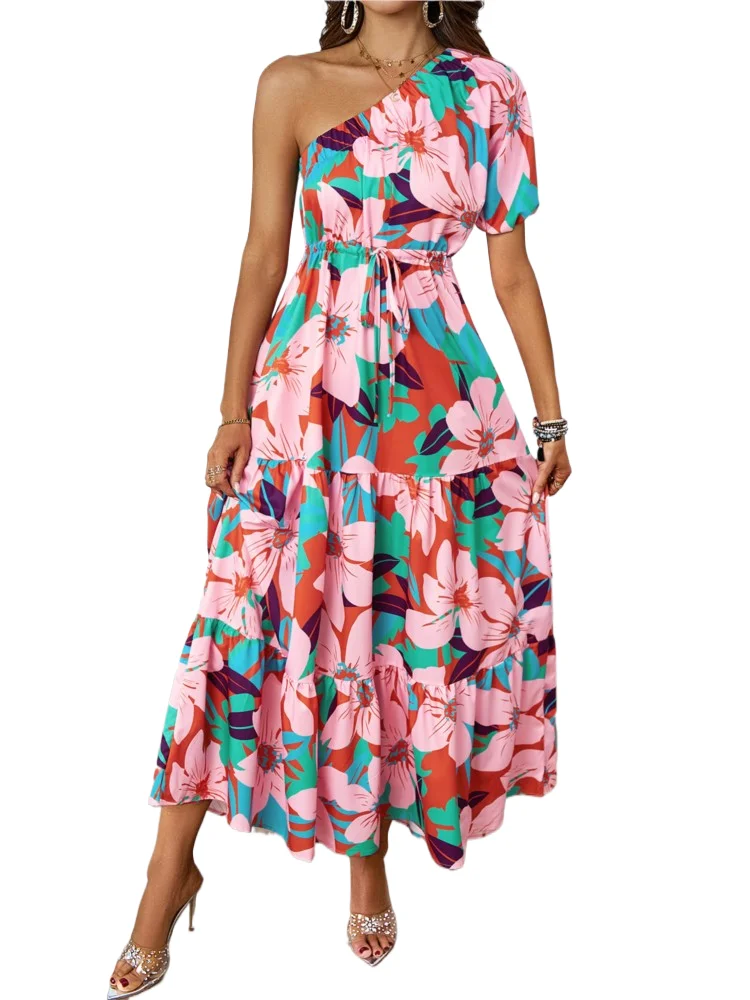 

Women's Summer Sexy Sloping Collar Off Shoulder Fashionable Printed Bohemian Beach Vacation Long Skirt Casual Loose Dress