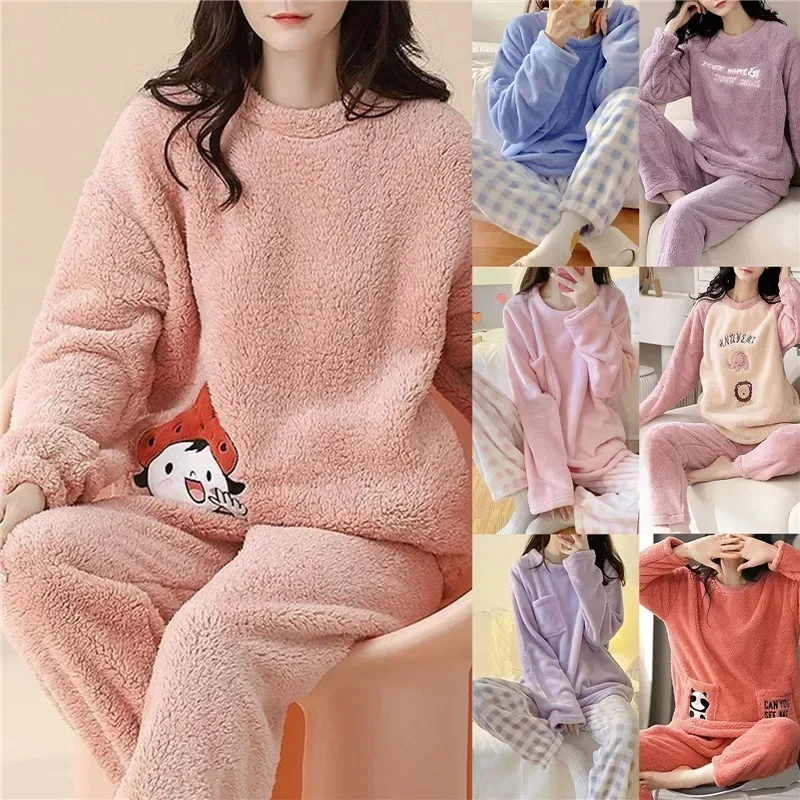 Winter Thickened Warm Woolen Pajamas Set Women'S Long Sleeved Cute Cartoon Home Clothes Suit