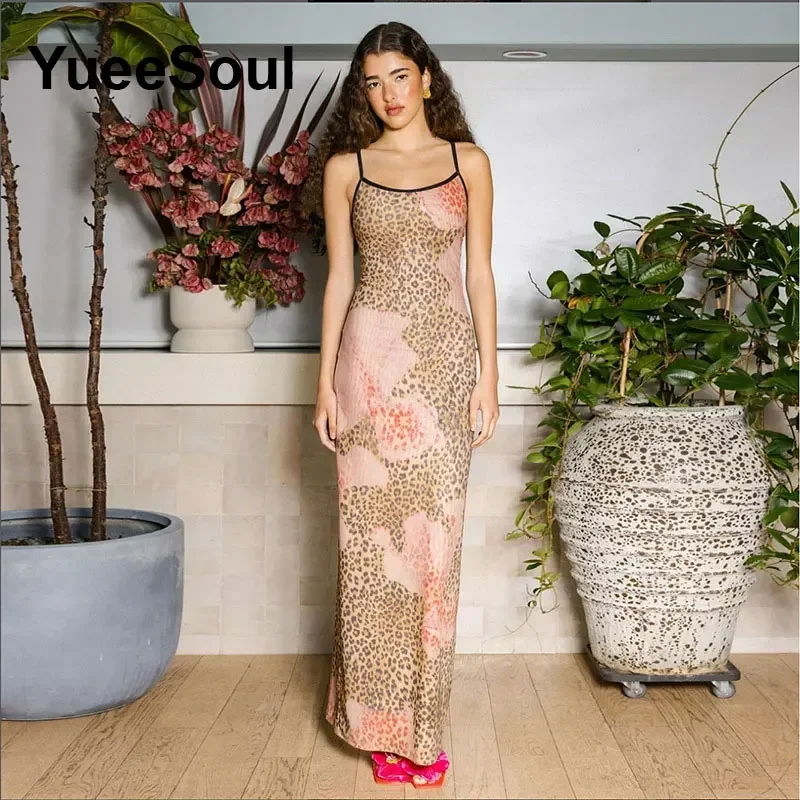 Leopard Women Dress Sleeveless Slim Ankle-Length Dress 2024 Fashion New Casual High Street Party Sexy Evening Long Dresses