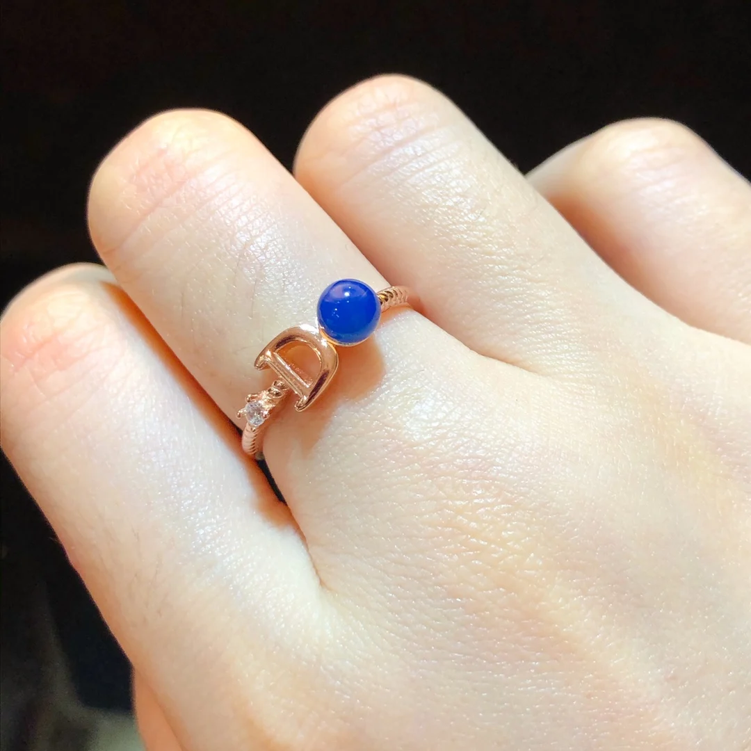

D-Shape Adjustable Ring Sterling Silver Rose Gold Plated with Blue Amber 5mm & Zircon Gift for Her Valentine Love Jewelry