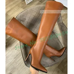 Brown Splicing Thigh High Boots With Stiletto Heel Women Pointy Toe Leggy High Heels Zipper Boots Female Winter Suede Dress Shoe