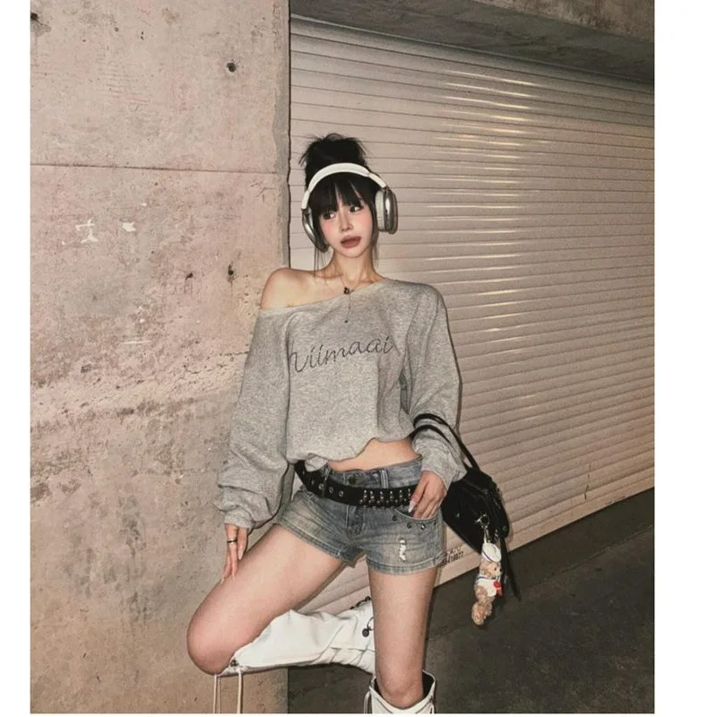 

Women's Crop Top 2026 Spring Summer Off Shoulder Sweatshirt Asymmetrical Long Sleeve T-shirt Loose Cropped E Girl Top