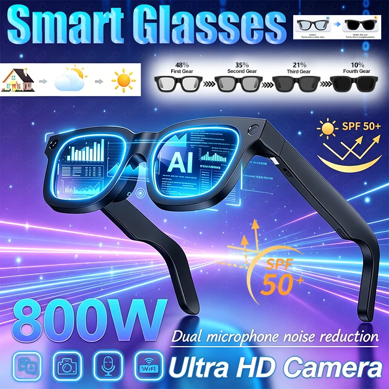 

2026 AI Smart Glasses 800W HD Camera 1080P Video WIFI Transmission 4GB Memory AI Voice Music Touch Photochromic Lenses Glasses