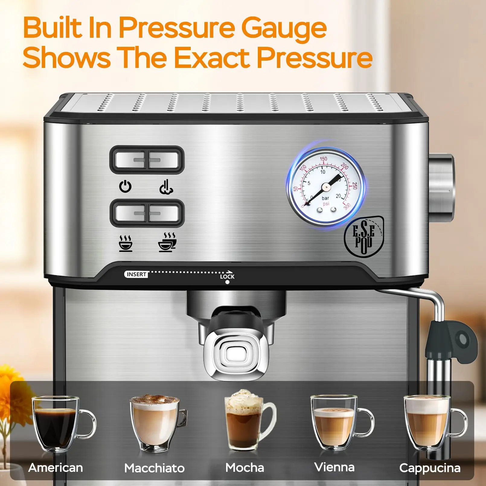 Espresso Machine 20 Bar Professional Compact Household Coffee Espresso Maker with Milk Frother Steam Wand Pressure Gauge 54oz Water Tank Low Noise and Fast Coffee Machine for Cappuccino Latte