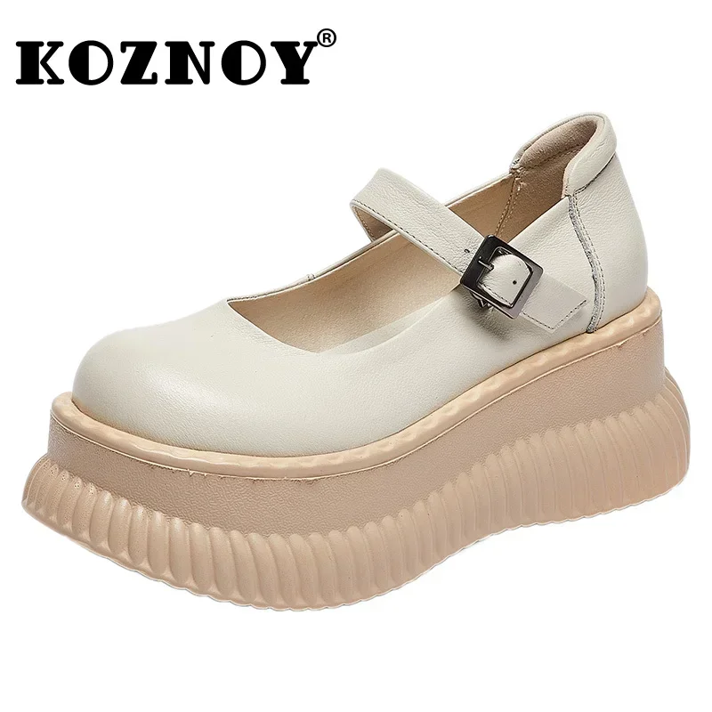 Koznoy 7 cm Ethnische Echtes Leder Mary Jane Dame Herbst Schnalle Sommer Runde High Heels Frauen Plattform Keil Wohnungen Schuhe frühling