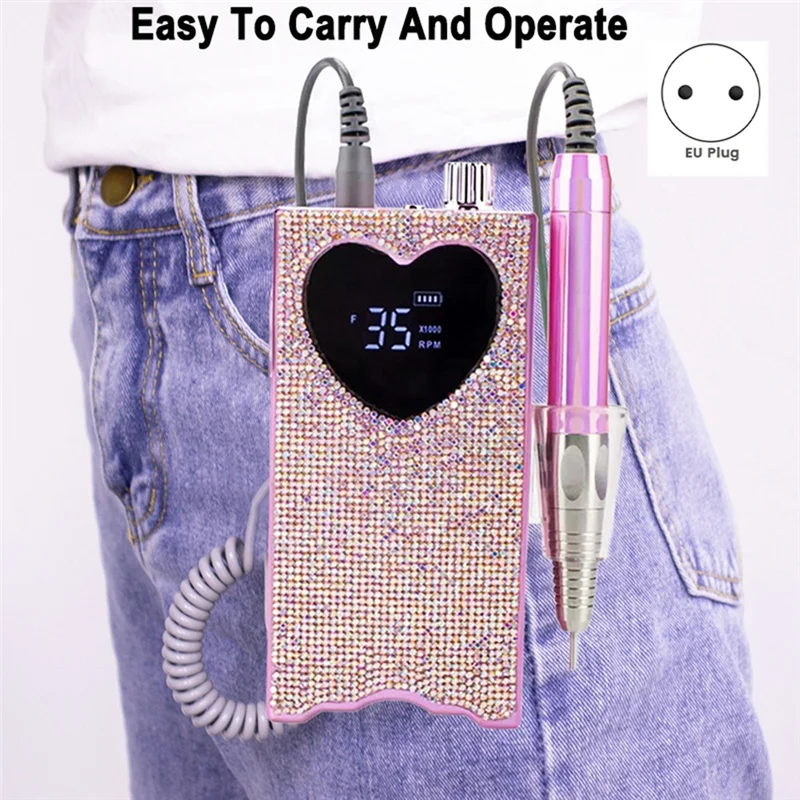 ABUU-Electric Nail Drill With Rhinestone Rechargeable Nail File 35000 RPM Heart Shape Wireless Pedicure Grinder EU PLUG