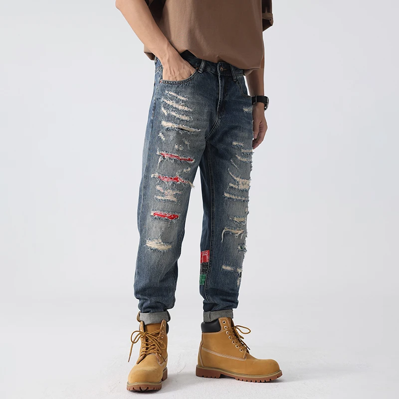 Y2K high street biker gangster handy tide summer hole patch loose jeans small straight large size men's pants