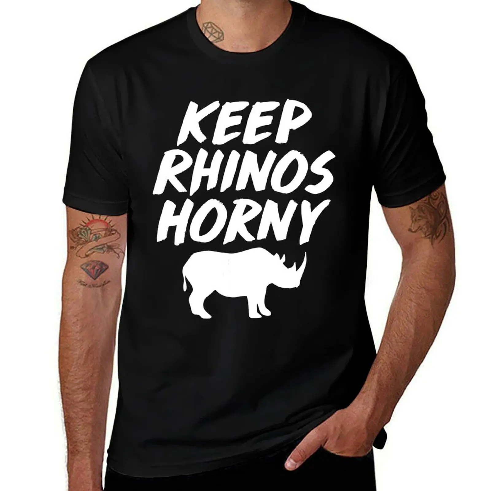 

Funny Keep Rhinos Horny T-Shirt t shirt for man cotton tshirt 100% T-Shirt