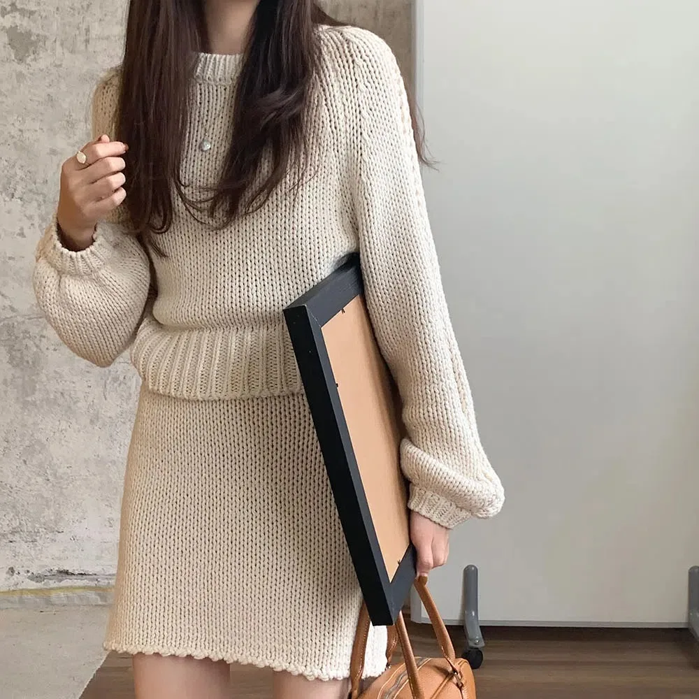 Autumn Winter Women\'s Knitted Sweater 2 Two Piece Skirts Sets Full Sleeve Jumpers And Mini Pencil Skirts 2024