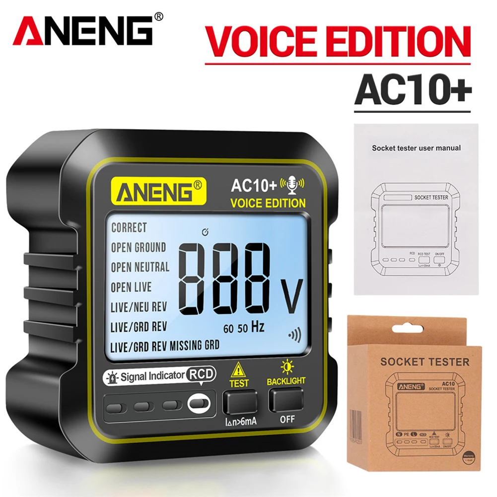 ANENG AC10+ Socket Tester Plug Detector Zero Fire Line Polarity Phase Check Phase Detector US/EU Plug Multimeter Digital Tester