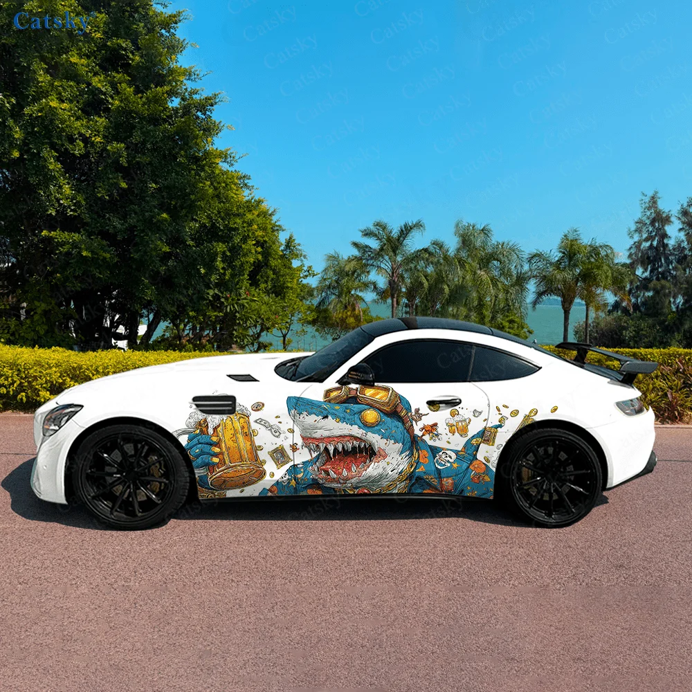 

A Beer-drinking Shark Car Vinyl Wraps Decal Self-adhesive PVC Sticker Suitable for Trucks SUV Decoration Auto Accessories Gift