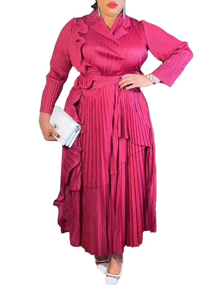 ANLAN Large Size Women's Miyake Pleated Dress Solid Color Long Sleeve High Elasticity Elegant Party Dresses 2025 Summer New 2A71