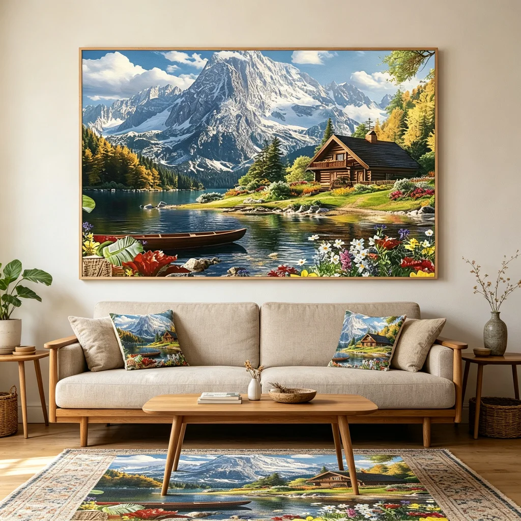 1PC Mountain Lake Cabin View Print Backdrop Banner, Bedroom Living Room Photo Background, Polyester, Home Decor, Wall Art