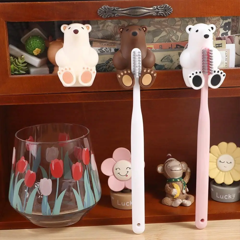 Durable Suction Cup Toothbrush Holder Cartoon Bear Punch-free Toothbrush Rack Bathroom Accessories Wall Mounted Mask Hook