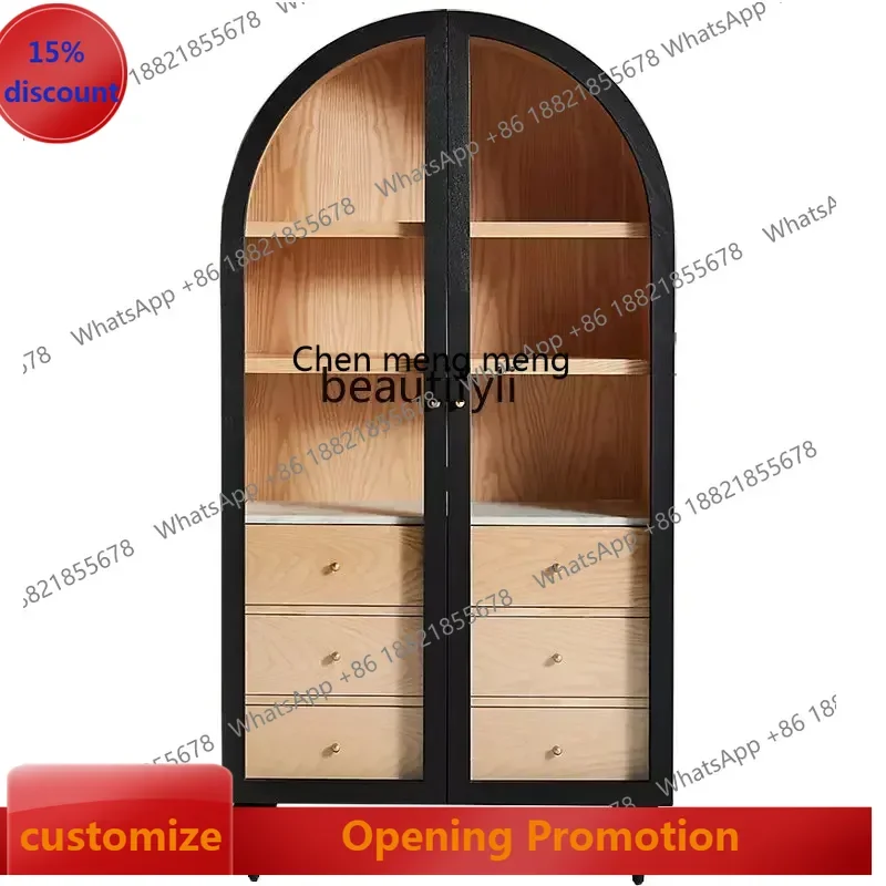 ss7486 نمط جديد ريترو أسود مقوس باب مزدوج خزانة كتب من الخشب الصلب اللون الأمريكي مطابقة خزانة زجاجية خزانة جانبية كابي