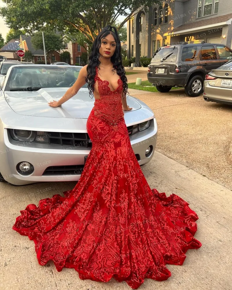 High End Red Wedding Dress Appliques Crystals Beaded Mermaid Dresses Ruffled Long Sweep Train Custom Made Prom Gown Luxury Gown