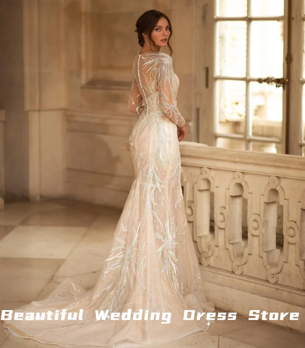 Elegant Luxury Long Sleeve Wedding Dress Sexy O-neck Lace Bridal  Floor-length Vestidos De Novia فساتين سهرة Wedding dresses