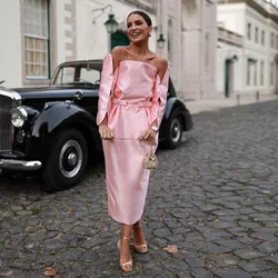 New Couture Pink Satin Mid Calf Women Party Dresses With Cute Bow Details Fashion Maxi Dress Detachable Sleeves