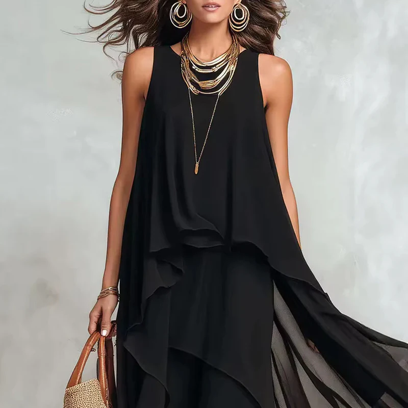 

Women Fashion Ruffle Layered Loose Party Dress Elegant Hight Waist Solid Long Dress New O Neck Commute Irregular Chiffon Dress