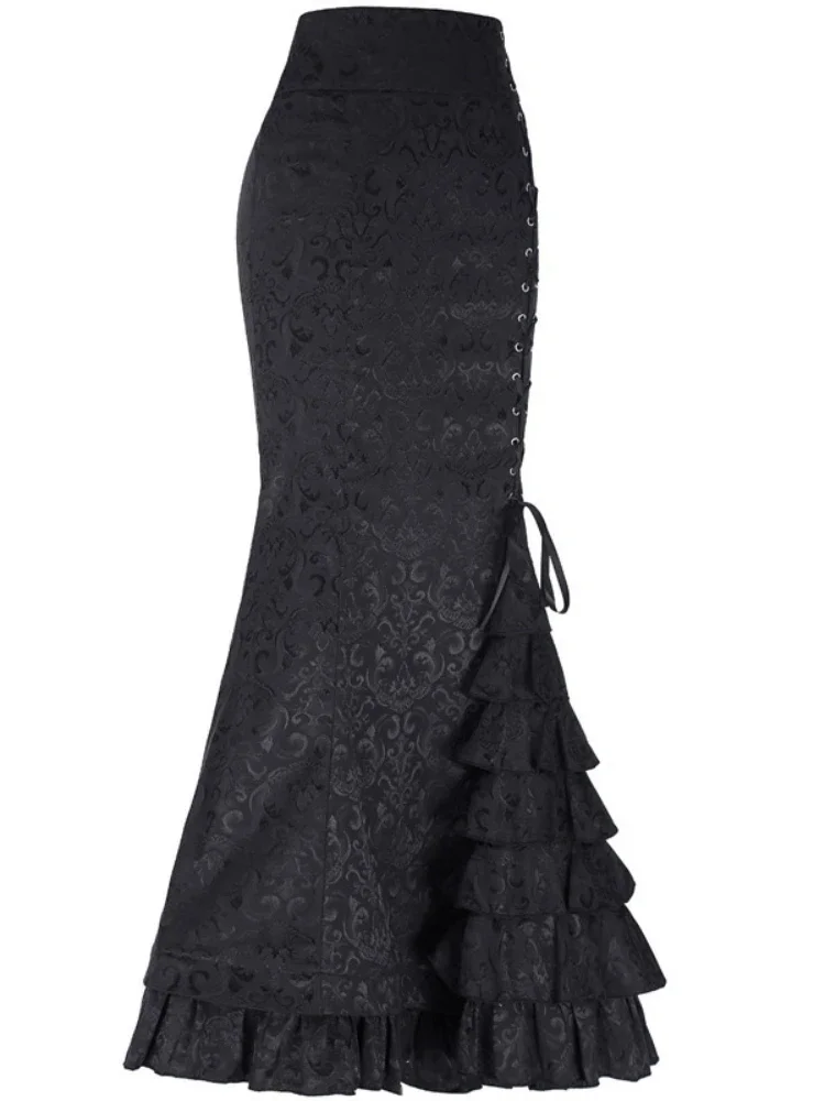 Vintage Women Punk Style Jacquard Mermaid Skirt Fashion Halloween Gothic Victorian Steampunk Long Bodycon Ruffle Fishtail Tiered