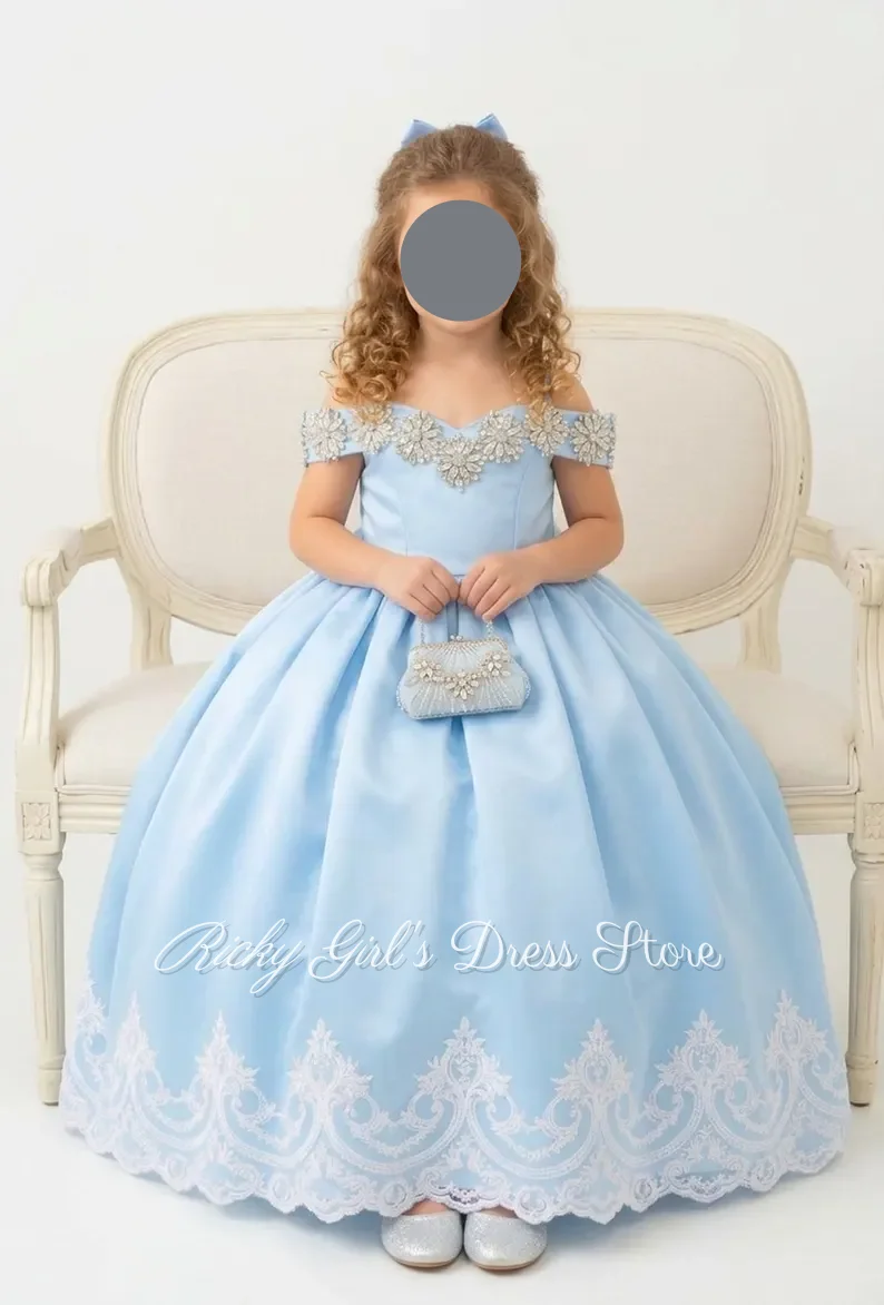 Elegant Blue Flower Girl Dresses For Wedding Beaded Bow Off Shoulder Lace Kids First Communion Gown Customized Floor Length