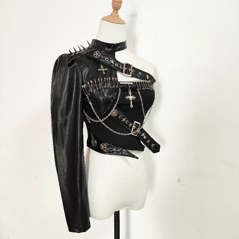 European American Punk Leather Rivet Single Shoulder Sleeve Women's Coat Original Sexy Bead Chain Off-Shoulder Tube Top Ladies