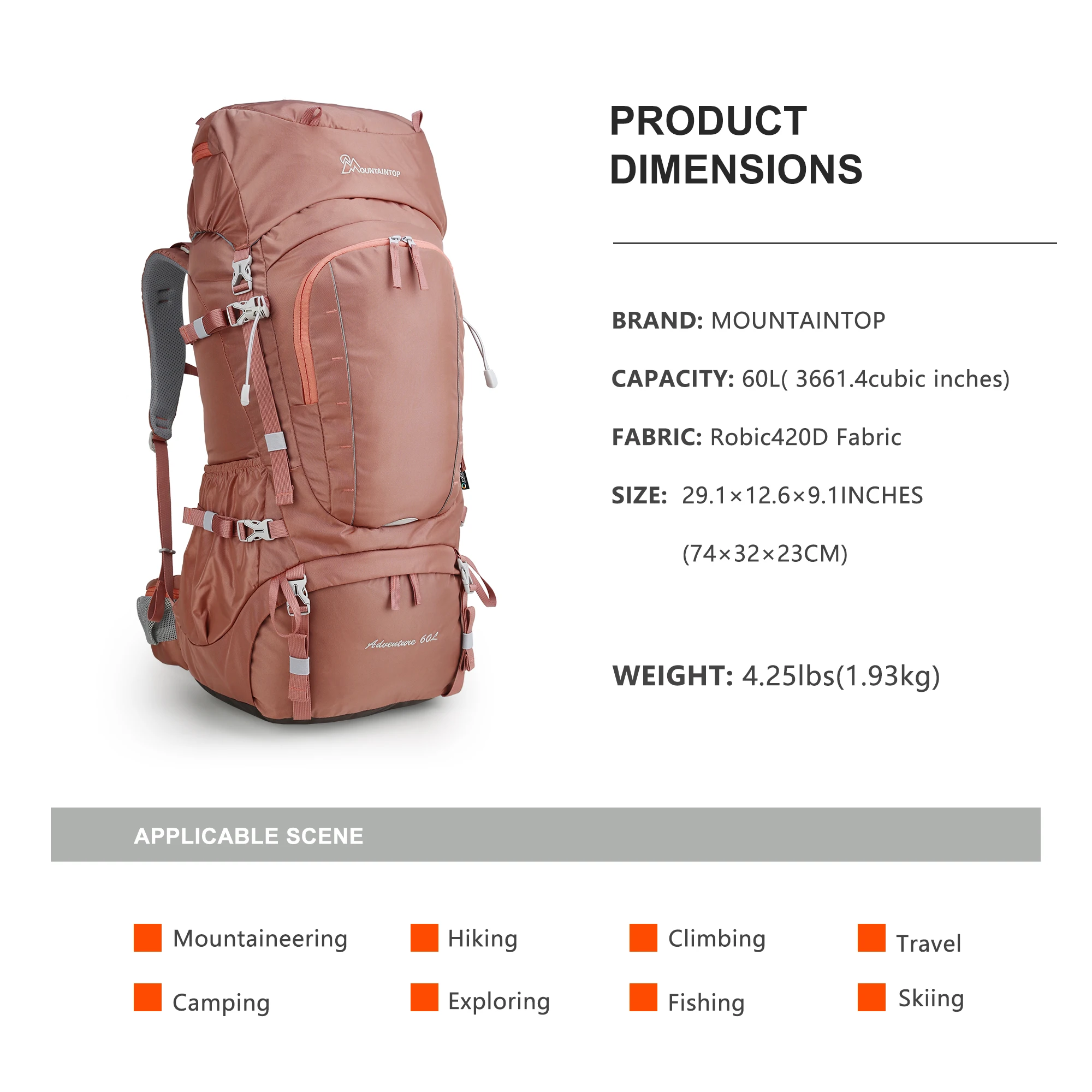 MOUNTAINTOP Hiking Backpack for Women Men's Backpacks Large Capacity 60L for Travel Camping Trekking Climbing Internal Frame Bag