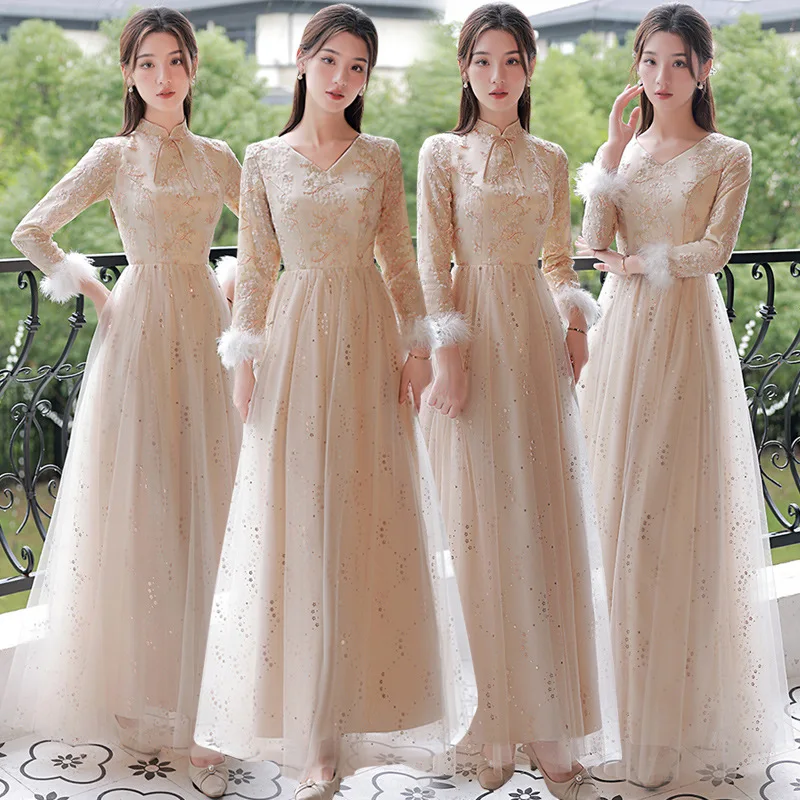 Flower Embroidery Style Bridesmaid Dresses New Spring Autumn Long Sleeve Chinese Style Wedding Fairy Sisters Bridesmaid Dresses