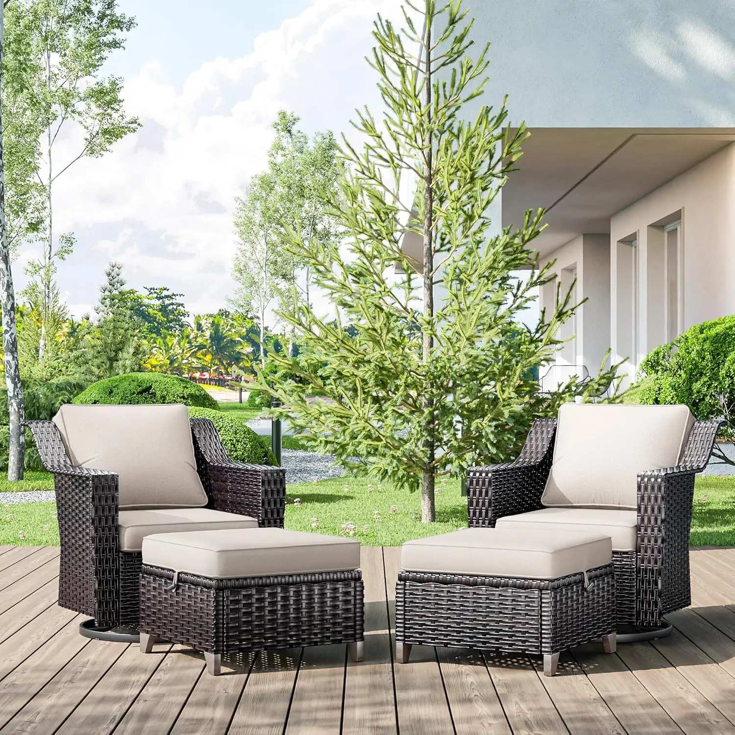 4 Pieces Wicker Patio Furniture, Luxury Outdoor Furniture With 2 Patio Swivel Chai And 2 Patio Ottoman, Wide Armrest, Thickened