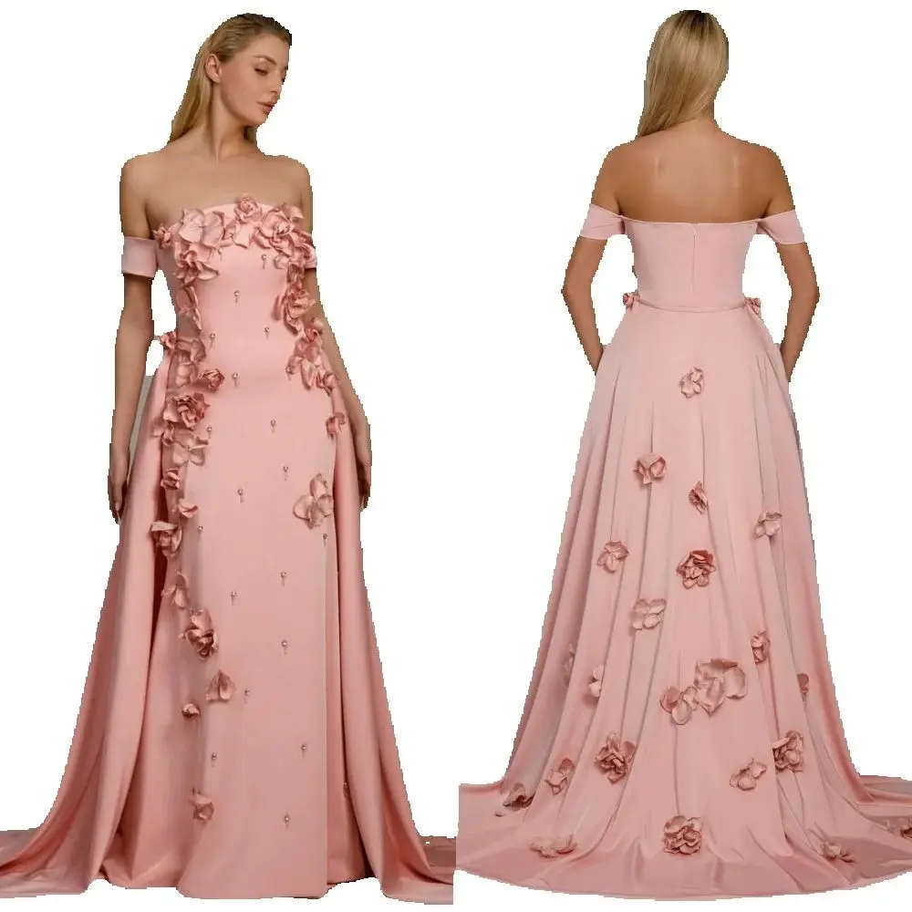 

Customized Modern Style Charmeuse Sequined Flower A-line Off-the-shoulder Long Dresses Bespoke Occasion Sexy