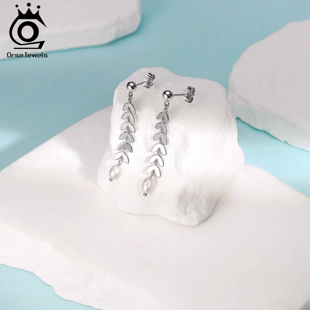 

ORSA JEWELS Tassel 925 Sterling Silver Fishbone Earrings for Women Party Natural Freshwater Pearl Dangle Earrings Jewelry GPE125