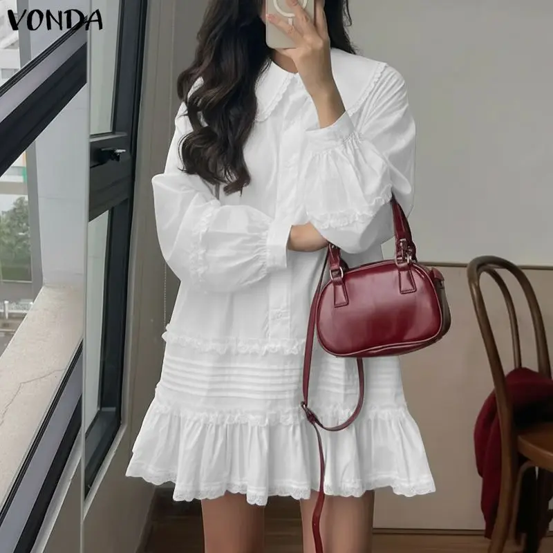 ZANZEA Damen Minikleid 2026 Modisch Peter-Pan-Kragen Langarm Einfarbig Gerüschtes Kurzes Kleid Elegantes Sommer-Freizeitkleid
