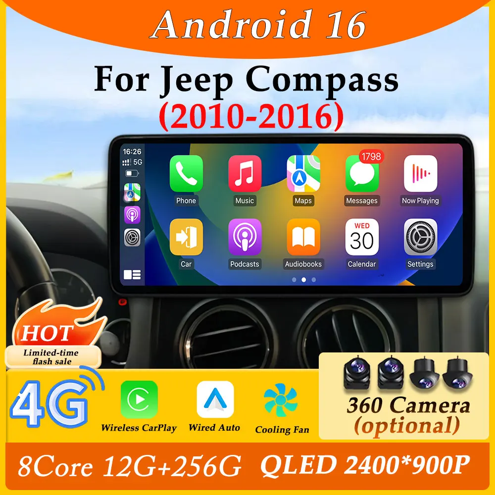 Estéreo DSP 12,3 ''pantalla ultrafina CarPlay Android 16 para Jeep Compass 2010 - 2016 Radio de coche reproductor Multimedia navegación GPS