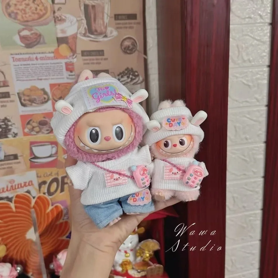 

For 4.0 Labubu And 10cm Cotton Doll Cute Mini Plush Doll Tennis Clothing White Top Denim Rabbit Set Accessory Fashion Gifts