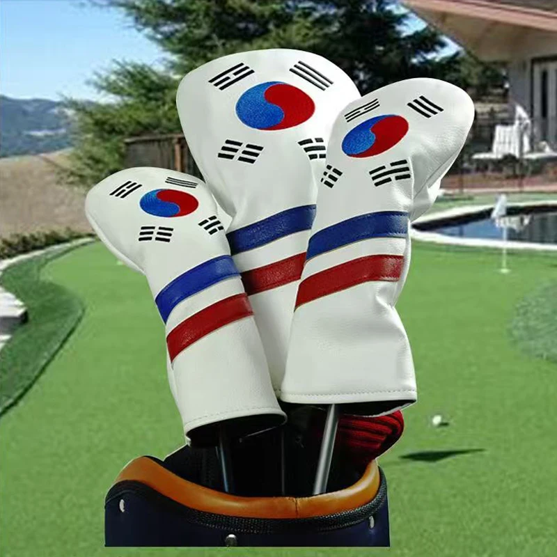 

Korean Flag Design Premium PU Embroidered Golf Club Head Covers Set for Driver/Fairway/Utility-High-Quality Golf Club Protection