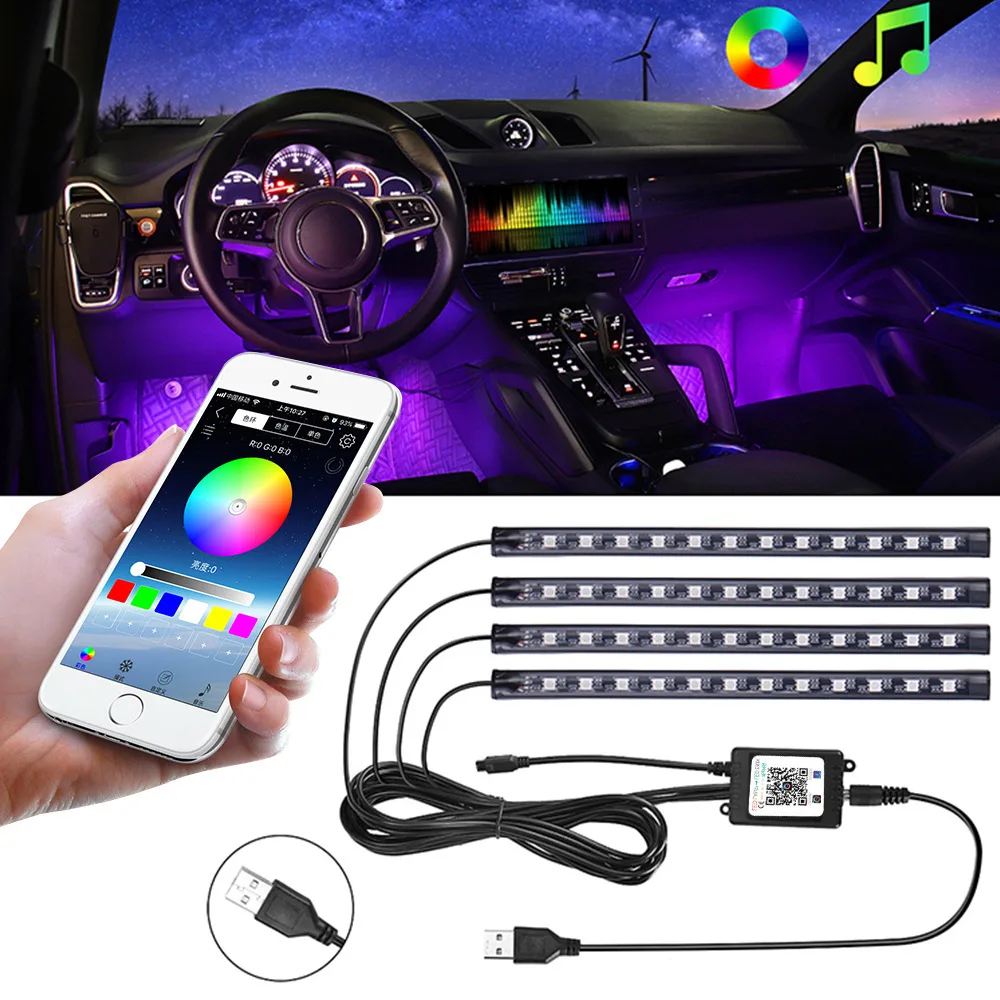 Car RGB Ambient Light LED Auto Foot Strips USB Automotive Interior Lights Strip Decoration Bar Remote Control Atmosphere Lamp