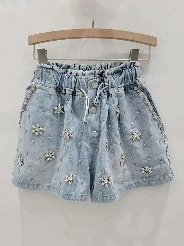 ヨーロッパのカラフルなダイヤモンドビーズハイウエストワイドレッグポケット巾着ブルーデニムショートパンツパンツ春夏