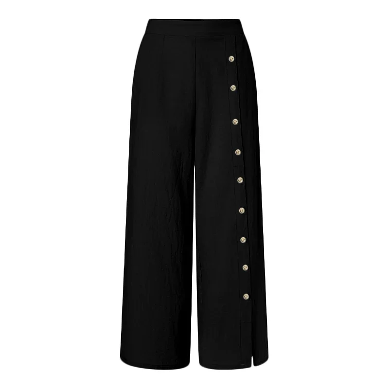 Summer Women Wide Leg Pants High Waist Side Button Loose Straight Trousers Elegant Office Work Casual Street Slit Bottoms