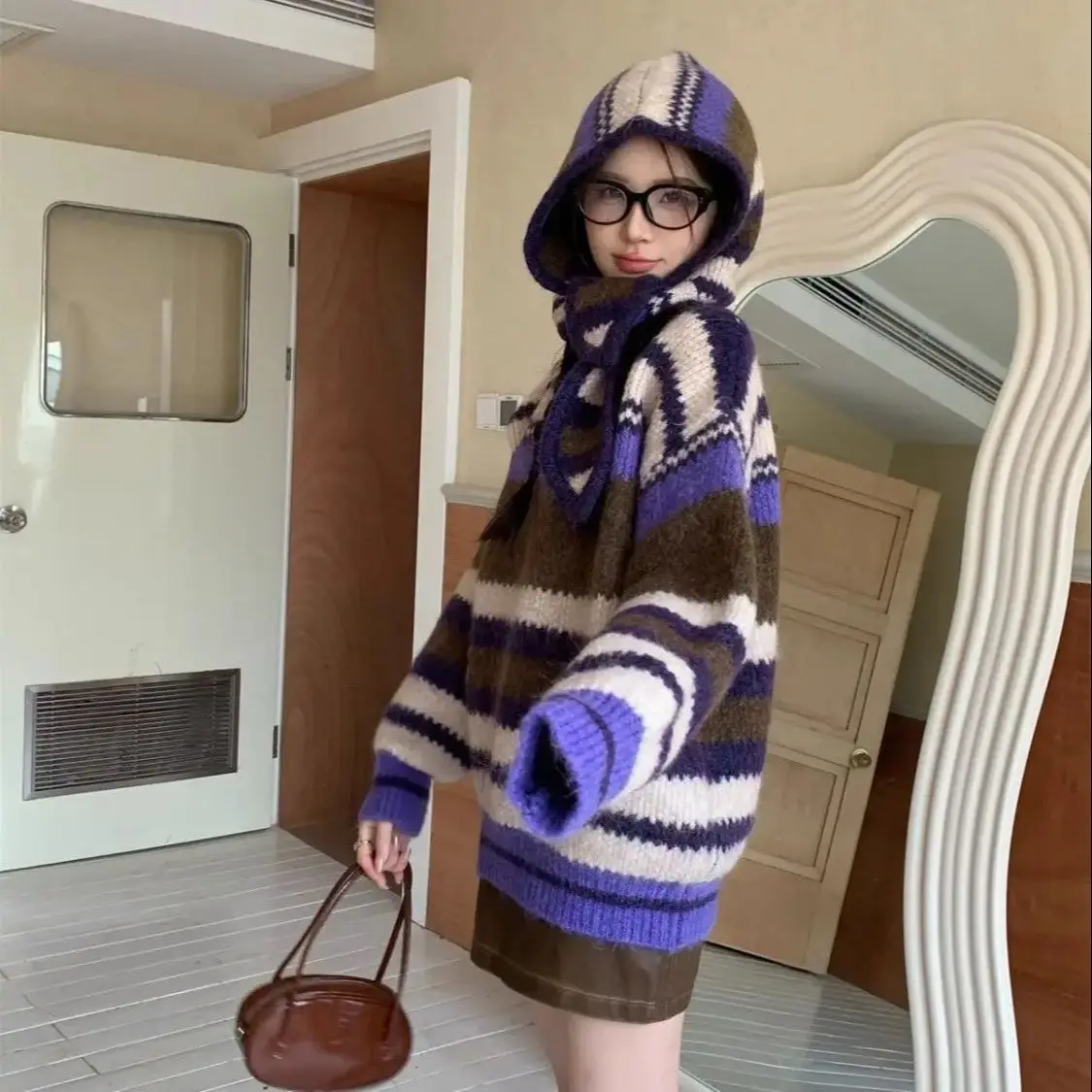 Two-Piece Striped Jacquard Sweater Korean Hooded Scarf Coat Rainbow Sweater Women Striped Pullovers Sweaters Vintage Knitwear