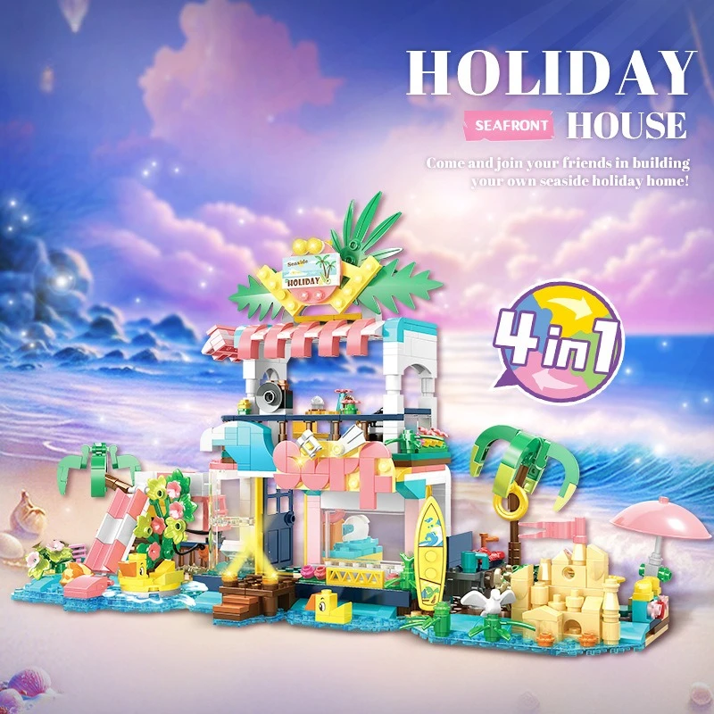 

Мечтательная уличная сцена, пляжная вечеринка, игрушечный домик, сборка девушки, строительные блоки из мелких частиц, креативные подарки