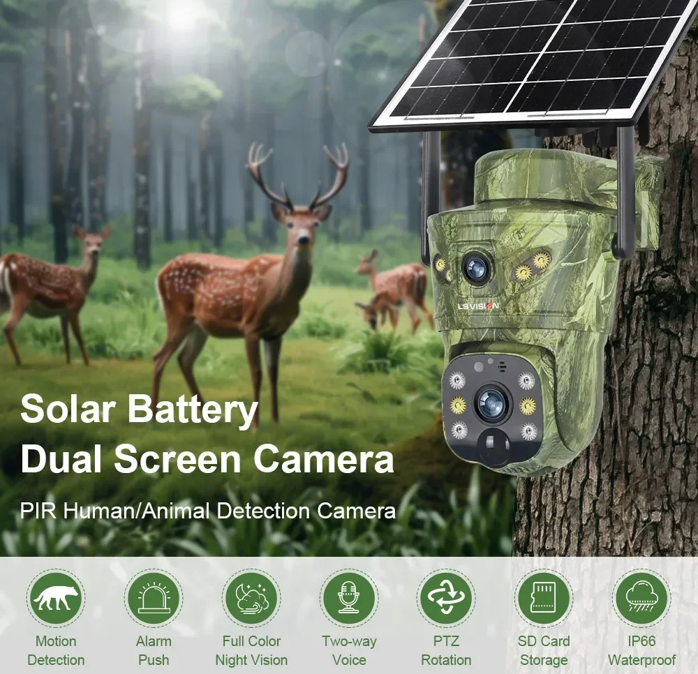 LS VISION 4G Solar Trail Camera Dual Screen WiFi Game Camera with Motion Activated Night Vision  Waterproof for Wildlife Hunting