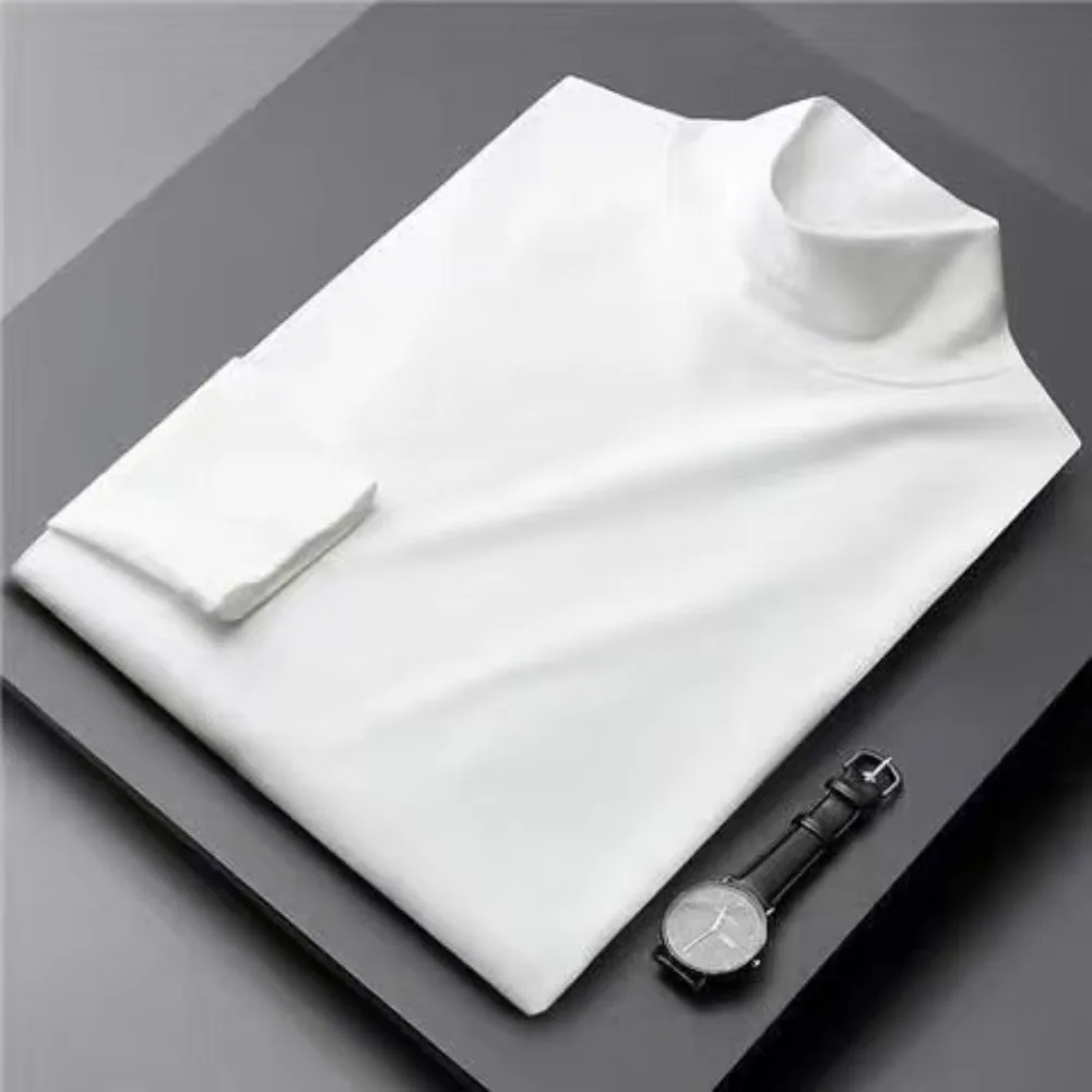 2023 Autumn Winter High Neck Long Sleeve T-Shirt Men\'s Stretch Bottoming Shirt Pure White Thin T-Shirt Tee Tops Undershirt Man