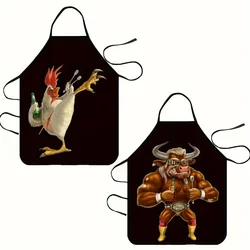 1pc, Colorful Rooster Bull Pattern Apron - Cartoon Style Waist Apron for Fashionable Kitchen Work Clothes
