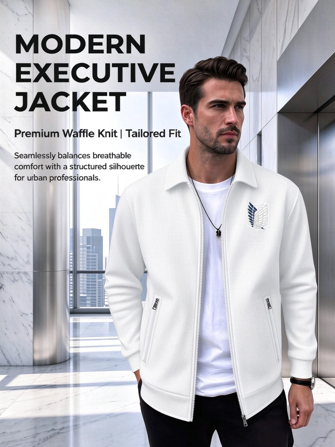 2026 New Men Waffle Texture Collared Jacket Print Wing Badge Logo Full Zip Smart Casual Office Outerwear Long Sleeve Male Coat