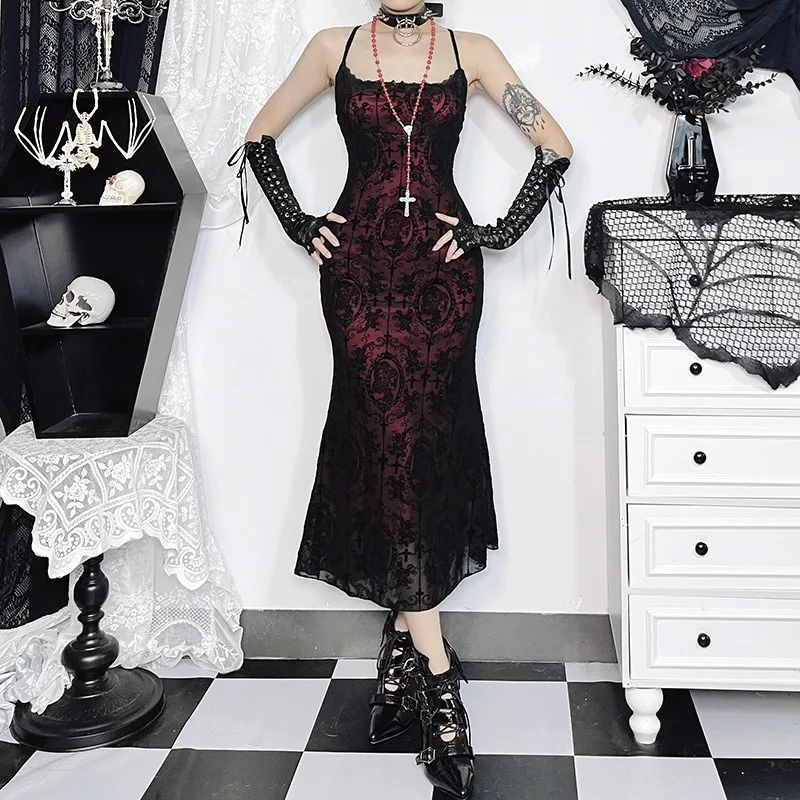 

Goth Vintage Elegant Goth Dress Women Sexy Hip-hop Streetwear Summer Sleeveless Aesthetic Spaghetti Strap Party Dress Female Y2k