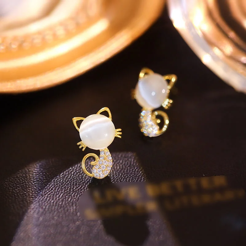 Cute Transparent Opal Cat Stud Earrings For Women Girls Trendy Gold Color Cat Astronaut Rabbit Zircon Earrings Accessories